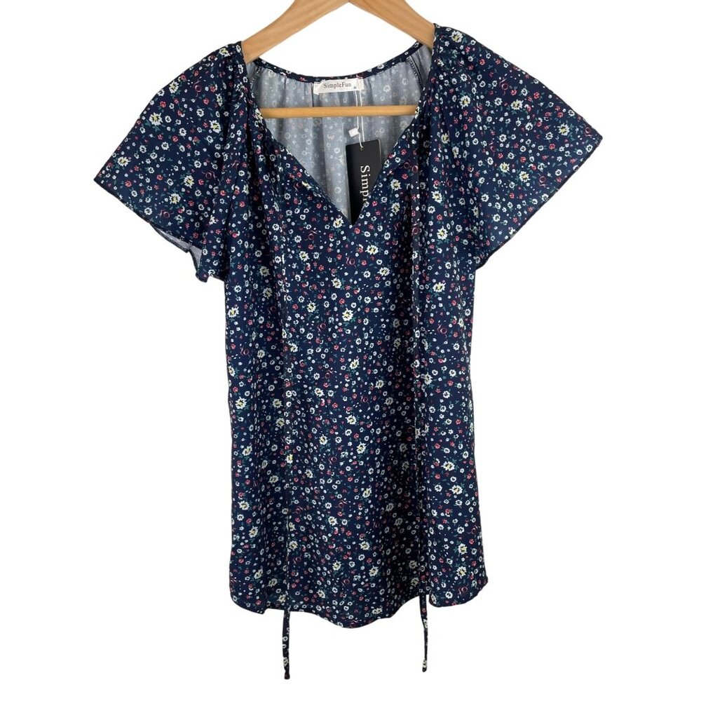 Simple Fun Womens Size Medium Blue Floral Boho Blouse Shirt Ruffled Sleeves